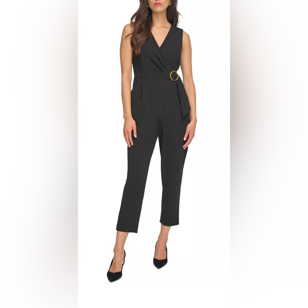CALVIN KLEIN Womens Black  Side Buckle Back Zip Sleeveless Cropped Jumpsuit Sz 8